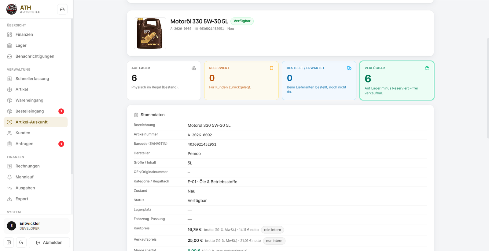 The part lookup separates stock, reservation and orders instead of quoting one number.