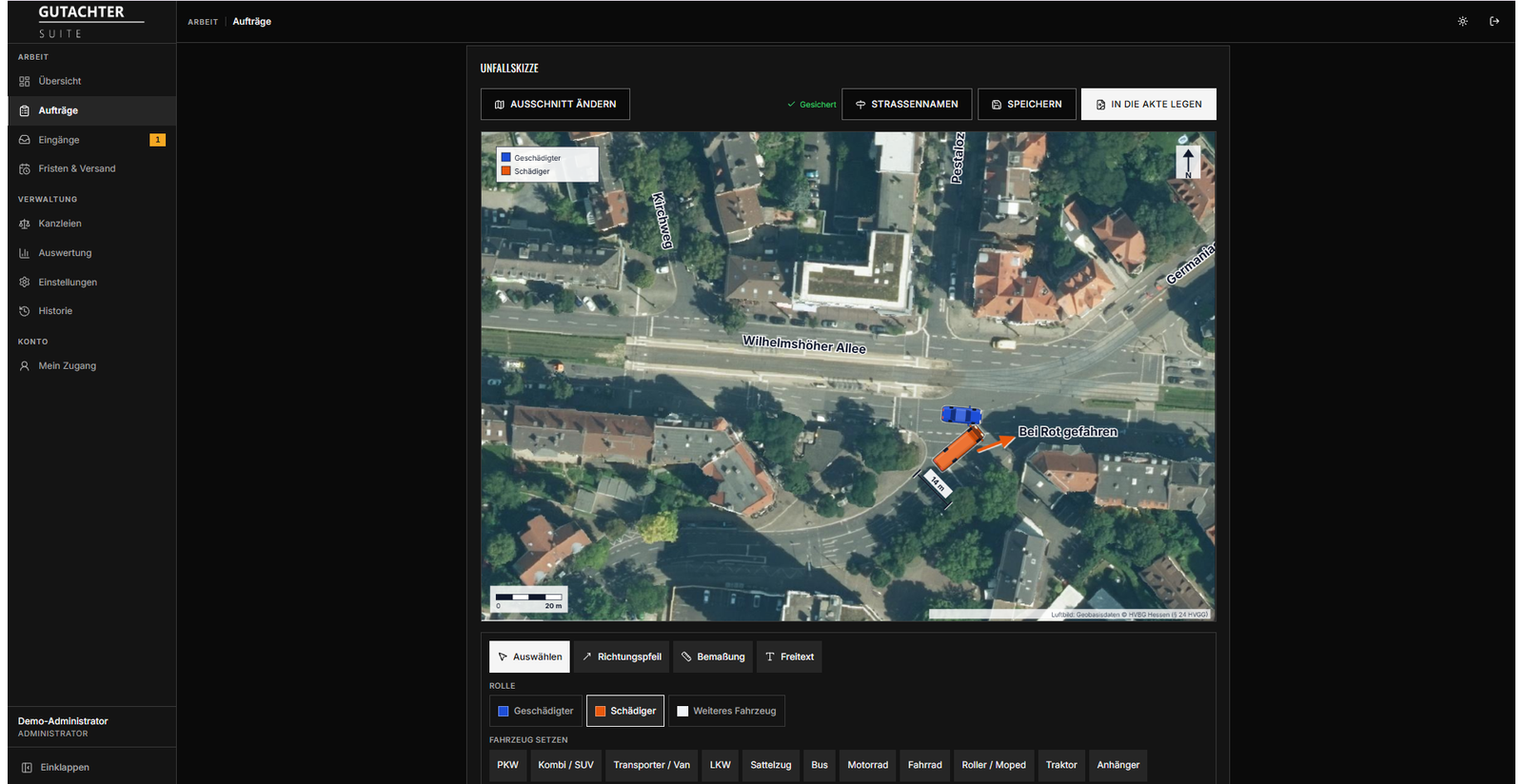The accident sketch on the official aerial image of the state of Hesse. Injured and liable party separated by colour, plus direction, dimension and free text.