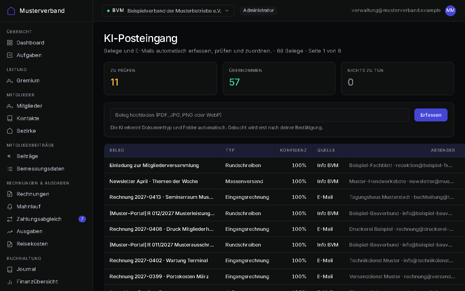 KI-Posteingang des Verbandssystems im Browser: erkannte Belege mit Konfidenz und Status
