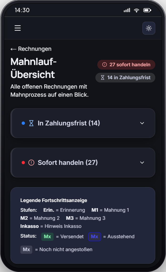 Mahnlauf-Übersicht auf dem Handy