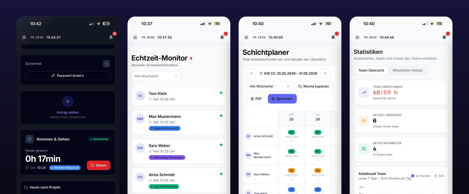 Vier Bildschirme der App: Stempeln, Echtzeit-Monitor, Schichtplaner, Statistiken.