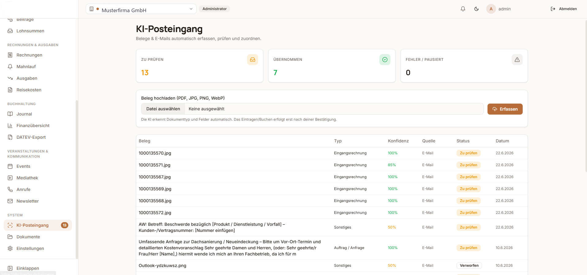 ERP-Betriebssoftware — KI-Posteingang: Belege & E-Mails automatisch erfassen
