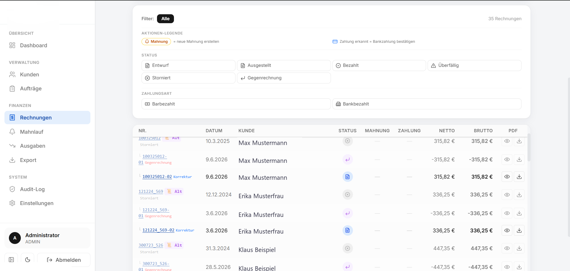 ERP-Betriebssoftware — Rechnungsübersicht mit Status & Mahnstufen